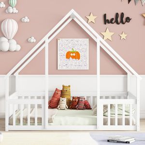 Детская кровать-домик Bellemave Modern Full Size из дерева для девочек и мальчиков с ограждением, белая - Product Image 4