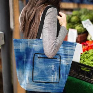 Denim Print <b>Foldable</b> Shopping Bag Nylon Tote Bag Large Reusable Carry Bag With Zipper Pocket - Product Image 5