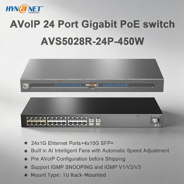 L3 AVoIP PoE+ 24-Port Gigabit Ethernet Switch with 4x10G SFP+ SNMP QoS 128G Capacity Stackable Managed PoE Switch