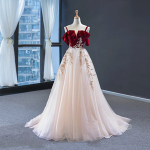 Wedding Dress Women A-Line Empire Waist Sweetheart Neckline Champagne Wine Red Contrast Color 3D Floral Embroidery Princess Gown - Product Image 1