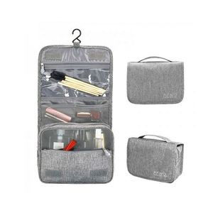 Sac de toilette portable en polyester cationique gris sur mesure, sac de maquillage imperméable pour homme avec logo - Product Image 3