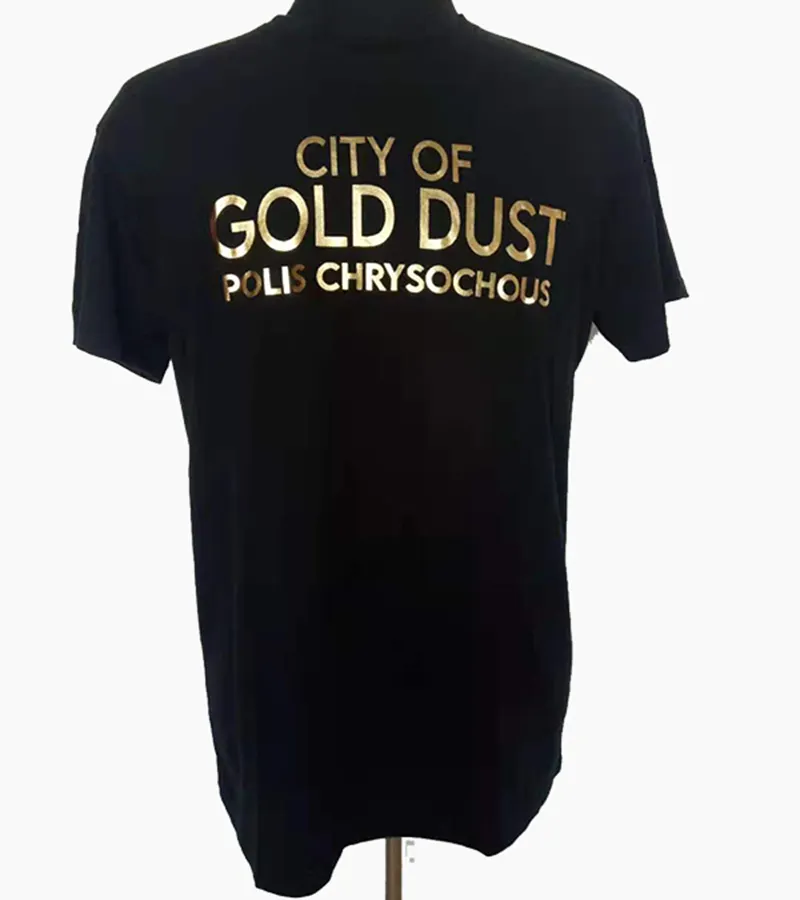 Camiseta estampada dourada 95% algodão 5% spandex, camiseta unissex de alta qualidade com elástico, estampada com logotipo de design