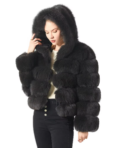 Veste à capuche en fourrure de renard véritable moelleux noir <span class=keywords><strong>manteau</strong></span> à capuche en fourrure épaisse de créateur pour femmes à la mode - Product Image 1