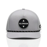 Fabricant OEM de casquettes personnalisées avec patch en caoutchouc rond et cordon, casquette de golf gris 5 panneaux haute performance, casquette de baseball avec patch noir, vente en gros