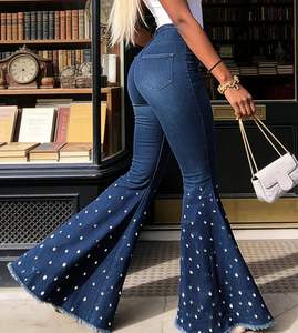 <span class=keywords><strong>Jean</strong></span> évasé décontracté taille haute extensible pour femme, orné de strass et de perles, <span class=keywords><strong>en</strong></span> denim tendance, coupe cloche, pour usage quotidien - Product Image 5