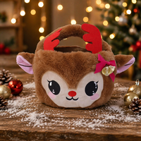 Panier de Noël en peluche renne mignon en gros, sac à bonbons de Noël personnalisé en fausse fourrure pour enfants, sac fourre-tout cadeau de fête de Noël avec clochette