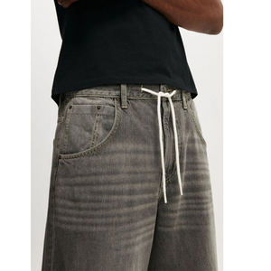 Latest Design Wide Leg Custom Baggy <b>Jeans</b> <b>Men</b> Stone Wash Streetwear Dark Grey Y2k <b>Jeans</b> <b>Drawstring</b> Fly Skating Denim <b>Men</b> <b>Jeans</b> - Product Image 3