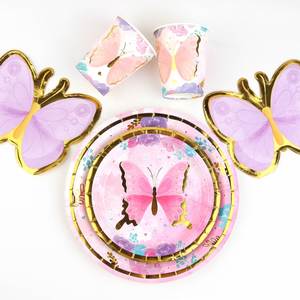 Articles de fête d'anniversaire jetables, décorations murales papillons dorés, vaisselle, assiettes, serviettes, gobelets - Product Image 4