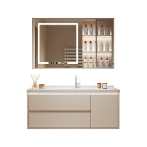 Meuble-lavabo intégré en céramique Liang Jie, couleur café au lait, avec armoire en aluminium nid d'abeille et miroir lumineux, design intelligent - Product Image 2