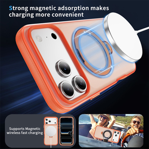 เคสโทรศัพท์แม่เหล็กสีส้มด้านแบบโปร่งแสงสำหรับ iPhone 17 13 14 15 16 Pro Max พร้อมขาตั้งวงแหวนโลหะ 360 องศา ป้องกันการกระแทก - Product Image 4