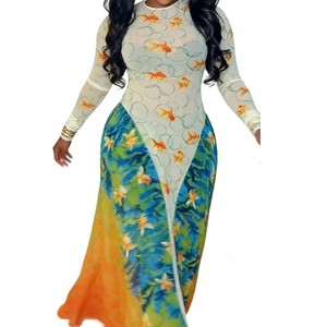 ชุดเดรสแฟชั่นผู้หญิง ดีไซน์เก๋ไก๋ พิมพ์ลายต่อกัน ทรงเอ กระโปรงทรงเอ คอกลม แขนยาว ผ้าบางเบา ให้ลุคสดใส - Product Image 1