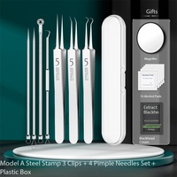 Kit de traitement professionnel de l'acné avec outil pour extraire les boutons, extracteur de comédons, pinces de différentes formes, tout dans un étui en métal