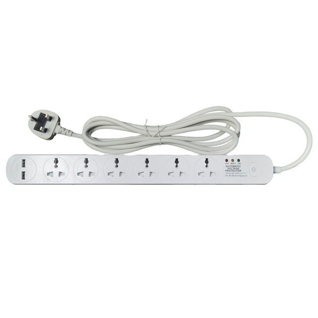 3 Meter Extension Universal Socket Automatic Voltage Protector 230V 16A 6 Way USB Charger Port Power Strip