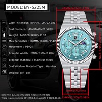 Montre de luxe pour homme BENYAR 5225, acier inoxydable, étanche, simple, quartz, montre-bracelet pour affaires, phase lunaire, montres cadeaux pour homme