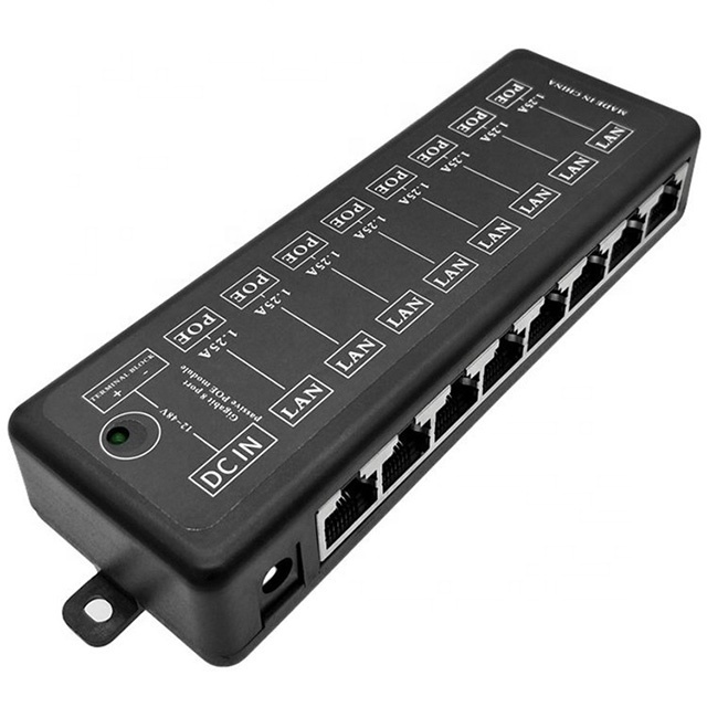 CCTV IP Camera Accessories Gigabit 8 Ports 10/100/1000Mbp 48V Active 8 Way PoE Adapter 1.25A PoE Power Injector Module Surface