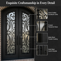 Porte extérieure double battante en fer forgé cintrée sur mesure, écoénergétique, avec verre orné pour entrée principale de villa