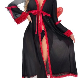 Elegante Bata de Malla Transparente 2026 para Mujer, Lencería Sexy de <span class=keywords><strong>Noche</strong></span> con Manga Larga y Ribete de Encaje, con Tanga a Juego para Boudoir - Product Image 6