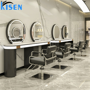 Espejo de pie de acero inoxidable KISEN para salón de belleza con estantes de almacenamiento y diseño contemporáneo para barbería. - Product Image 2