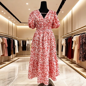 Vestido Midi Casual <span class=keywords><strong>de</strong></span> Verano para Mujer, Personalizado, Color <span class=keywords><strong>Rosa</strong></span>, Cuello en V, Algodón, Plisado, con Volantes, Manga Corta Abullonada, Estampado Floral - Product Image 1