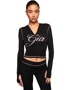 Hottie Sporty 2 Parça Takım Kadın Kapüşonlu Fermuarlı Harfli Baskılı Crop Top ve İspanyol Paça Çizgili Tatlı Seksi Esnek Dar Pantolon - Product Image 5