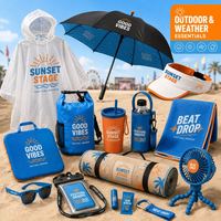Kit de pique-nique et de camping haut de gamme avec couverture, bouteille, ventilateur portable, lunettes de soleil, poncho de pluie pour concerts en plein air