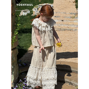 YOEHYAUL 25102 estate ragazze senza maniche con collo arruffato <span class=keywords><strong>pantaloni</strong></span> larghi in lino Set t-shirt in pizzo ricamato <span class=keywords><strong>pantaloni</strong></span> di pizzo <span class=keywords><strong>per</strong></span> bambini - Product Image 4