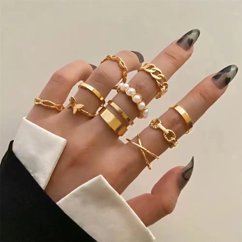 Geometry 10-piece Set Adjustable Ring Clothing 2023 Stshirtnew Pearl Ring European and American Fashion Butterfly Metal Yiwu Jz6