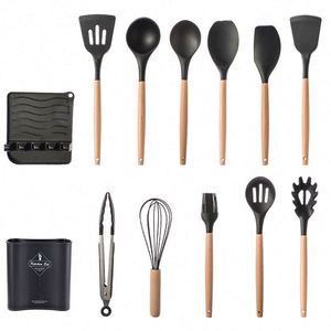 Utensilios de Cocina de Madera de Haya, Silicona de Grado Alimenticio, Juego de 12 Utensilios de Cocina con Soporte de Almacenamiento - Product Image 6