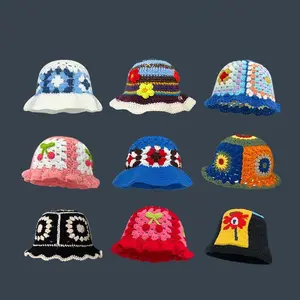 Fashion Vintage Fall Winter Hats Women Hollow Out Flower Knitted Bucket Hat Fisherman Crochet Bucket Hat