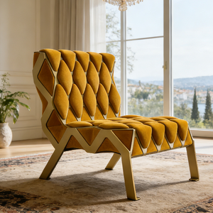 <span class=keywords><strong>Fauteuil</strong></span> <span class=keywords><strong>d</strong></span>'<span class=keywords><strong>appoint</strong></span> créatif nordique géométrique en tissu safran, base en acier doré, mobilier <span class=keywords><strong>d</strong></span>'hôtel - Product Image 1