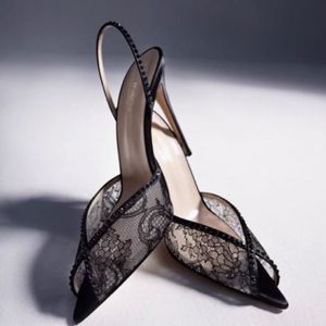 8.5CM/10CM De Tacon Women's Lace Rhinestone Slingback <b>Heels</b> Pointed Toe Stiletto Sandals for Wedding Party Evening - Product Image 2