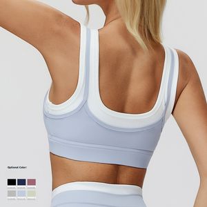 Sujetador deportivo de dos tonos con contraste para mujer, diseño acanalado falso de dos piezas, almohadillas desmontables, dobladillo ancho, lencería atlética de apoyo - Product Image 2