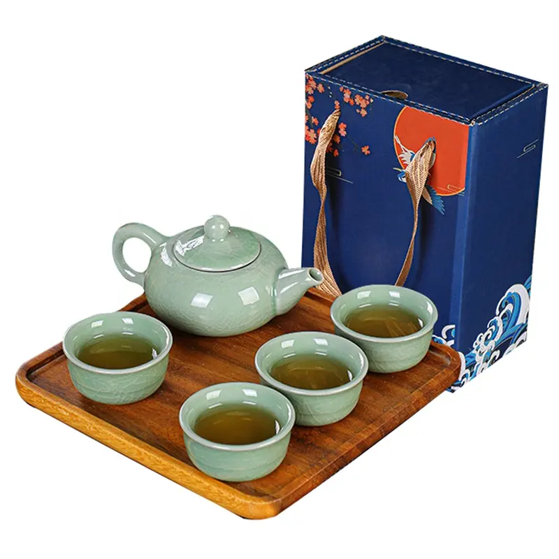 Ru Kiln Kung Fu Travel Tea set Custom logo Gift Box Japanese Coffee & Tea Pot Four Cups Set