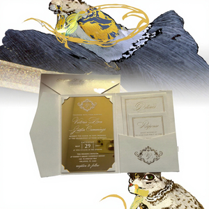Juego de tarjetas de invitación de <span class=keywords><strong>boda</strong></span> de lámina de oro elegante de lujo sobre de bolsillo de marfil de perla acrílica dorada para el Día de San Valentín - Product Image 3