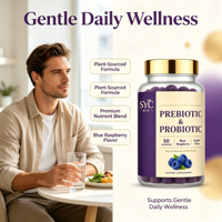 SYC BIO Probiotiques Prébiotiques Vitamines Gommes Confort Doux 50 Unités Framboise Bleue Adulte Vente en Gros B2B Marque Privée OEM ODM
