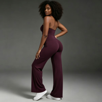 Ensemble de sport nude de haute qualité : haut de yoga à col halter en V avec bretelles réglables et leggings taille haute très élastiques – Ensembles de yoga