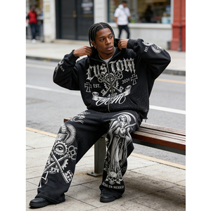 Rhinestones Digital Printing Worn Out OEM Custom Print Vintage 400 GSM Heavyweight Boxy Oversized Men's Hoodie Two-piece Set - Product Image 3