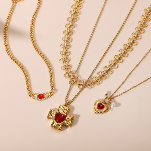European Style Red Agate <b>Cross</b> Necklace Gold <b>Chain</b> Heart Pendant Daily Wear Gift Jewelry - Product Image 4