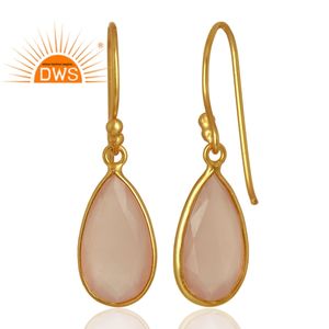 Vente en gros de boucles d'oreilles indiennes en pierre précieuse calcédoine rose boucles d'oreilles design en argent plaqué or bijoux de la collection vintage - Product Image 3