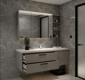 Mueble de Baño de Pared Gris Claro Personalizado con Lavabo Individual, Encimera de Mármol, Espejo LED, Estantes Abiertos y Cajones de Almacenamiento - Product Image 6