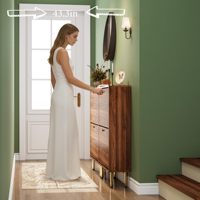 Meuble à chaussures moderne en bois étroit pour entrée, avec 2 tiroirs rabattables, design cannelé, rangement à fond creux et pieds en fer