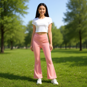 Pantalones Acampanados de Cintura Alta, Largos, Tejidos en Spandex y Poliéster, de Color Sólido, Casuales, para Verano, Transpirables, con Cintura Elástica - Product Image 3