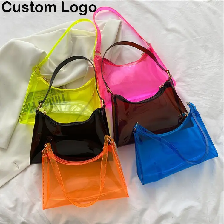 H162 özel Logo toptan Bolsas Feminino şeffaf kozmetik jöle çanta PVC omuz Crossbody çanta temizle Tote çanta Lady için