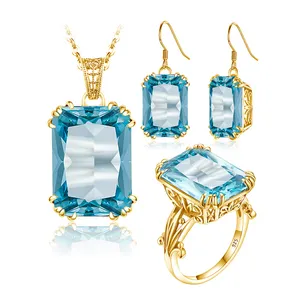Szjinao Real 925 Sterling Silver Sky Blue Aquamarine Pendant Earrings Ring Set Punk dubai 24k gold jewelry set