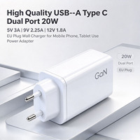 Chargeur mural double port USB-A et USB-C 20W (5V 3A, 9V 2.25A, 12V 1.8A) avec prise UE pour tablette et batterie externe – Adaptateur secteur en gros