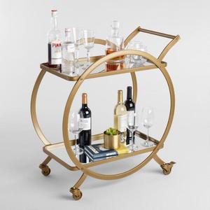 Customizable Metal and Glass 2-Tier Gold Rolling Bar Cart MOQ 25 Pcs| Serving Trolley Wheeled Trolley Mid Century Coffee <b>Table</b> - Product Image 1