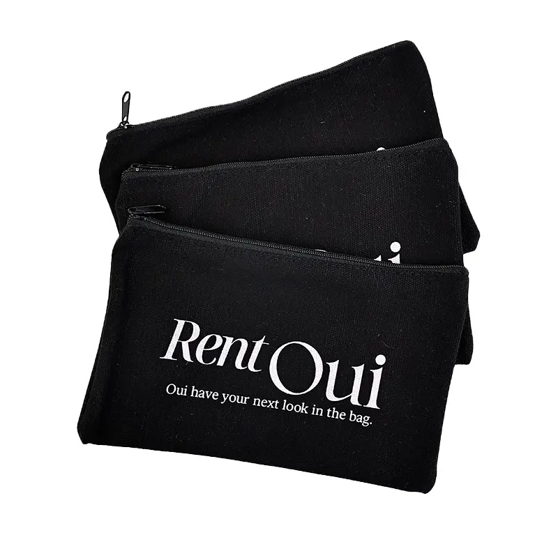 Özel PVC kozmetik fermuarlı çanta uzun siyah pamuk kırtasiye kalem çantası takı ambalaj ve alışveriş için Logo ile