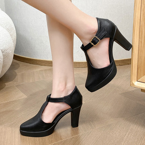 Chaussures professionnelles pour femmes à talons hauts, grande taille, style rétro élégant, bout pointu, nouveau modèle d'automne, talon épais et ajouré - Product Image 3