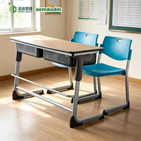 Ensemble de bureaux scolaires deux places personnalisés avec panier de rangement en bois, vente en gros d'usine, mobilier de classe réglable, centre de formation moderne