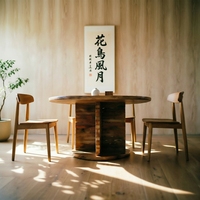 Table à manger ronde moderne en marbre travertin beige à base superposée, 8 places, pour salles à manger à thème naturel
